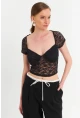 Kadın Siyah Kalp Yaka Tül Crop Bluz TPG05