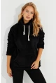 Kadın Siyah Kanguru Cep Peluş Sweatshirt Q978