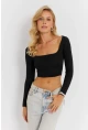 Kadın Siyah Kare Yaka Crop Bluz CG362