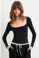 Kadın Siyah Kayık Yaka Basic Body CY352