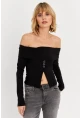 Kadın Siyah Madonna Yaka Yırtmaçlı Crop Bluz ELT4034
