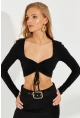 Kadın Siyah Önü Büzgülü Crop Bluz B3015