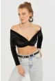 Kadın Siyah Önü Düğümlü Kadife Crop Bluz B2853