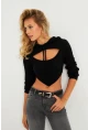 Kadın Siyah Pencereli Kapüşonlu Crop Bluz TF08