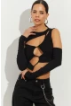 Kadın Siyah Pencereli Kaşkorse Crop Bluz B2403