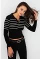 Kadın Siyah Polo Yaka Çizgili Triko Bluz MK65