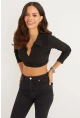 Kadın Siyah Polo Yaka Kaşkorse Crop Bluz Yİ2347