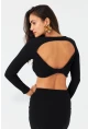 Kadın Siyah Sırtı Çapraz Kaşkorse Crop Bluz EY2975