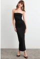 Kadın Siyah Straplez Yırtmaçlı Midi Elbise XC005