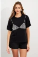 Kadın Siyah Straslı Oversize T-Shirt TPG13