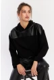 Kadın Siyah Suni Deri Bloklu Kapüşonlu Sweatshirt ST838