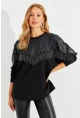 Kadın Siyah Suni Deri Bloklu Sweatshirt PKA806
