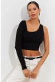 Kadın Siyah Tek Kol Asimetrik Crop Bluz BK1606