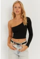 Kadın Siyah Tek Omuz Crop Bluz CY445