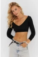 Kadın Siyah V Yaka Crop Bluz CG368