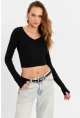 Kadın Siyah V Yaka Crop Bluz DMR389