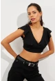 Kadın Siyah Volanlı Crop Bluz B2589