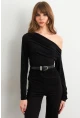 Kadın Siyah Yanları Büzgülü Degaje Bluz SF2561