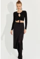 Kadın Siyah Yırtmaçlı Fermuarlı Midi Etek YEL221370