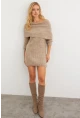 Kadın Sütlü Kahve Madonna Yaka Triko Tunik Elbise KAZ36