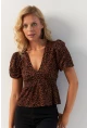 Kadın Taba V Yaka Desenli Bluz KAZ21