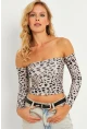 Kadın Taş Leopar Desenli Crop Bluz CG378