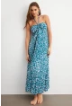 Kadın Turkuaz Büzgülü Desenli Midi Elbise KAB304