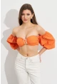 Kadın Turuncu Balon Kol Crop Bluz ROP111