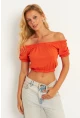 Kadın Turuncu Büzğülü Crop Bluz KAZ13