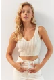 Kadın Vanilya Ön Arka V Triko Crop Bluz MP20136