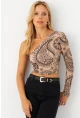 Kadın Vanilya-Siyah Tek Omuz Desenli Crop Bluz LİK14