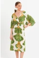 Kadın Yeşil-Beyaz Desenli Pencereli Midi Elbise Q1003