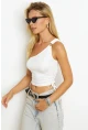 Kadın Beyaz Büzgülü Crop Bluz CG352