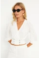 Kadın Beyaz Düğme Detaylı Kruvaze Bluz ELT3188