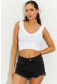 Kadın Beyaz Fırfırlı Triko Crop Bluz SMT210
