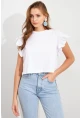 Kadın Beyaz Kolları Volanlı Crop T-Shirt SAN100