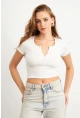 Kadın Beyaz Önü Düğmeli Basic T-Shirt TOP07