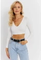Kadın Beyaz V Yaka Crop Bluz CG368