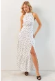 Kadın Beyaz Yırtmaçlı Puantiyeli Midi Elbise KED4233