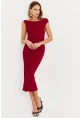 Kadın Bordo Asimetrik Yaka Gofre Midi Elbise MOD2358