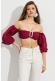 Kadın Bordo Balon Kol Crop Bluz ROP111
