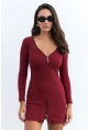 Kadın Bordo Fermuarlı Kaşkorse Mini Elbise EY2530
