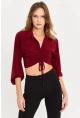 Kadın Bordo Önü Büzgülü Crop Bluz MRS103