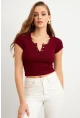 Kadın Bordo Önü Düğmeli Basic T-Shirt TOP07