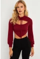 Kadın Bordo Pencereli Kapüşonlu Crop Bluz TF08
