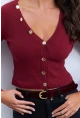 Kadın Bordo V Yaka Düğme Detaylı Bluz EY2952