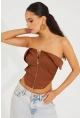 Kadın Bronz Fermuarlı Straplez Crop Bluz SF2502