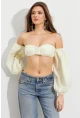 Kadın Butter Yellow Balon Kol Crop Bluz Rop111