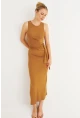 Kadın Camel Büzgülü Kolsuz Midi Elbise TF75