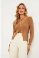 Kadın Camel Düğmeli Triko Bluz YV94